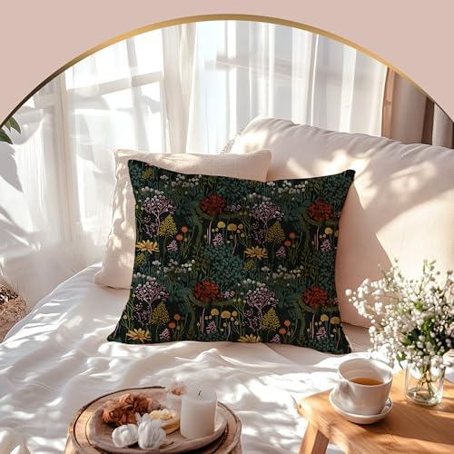 Maximalist Whimsical Botanical Pillow Covers 18x18 Double-Sided, Plant Room Decor, Dark Cottagecore Rustic Forest Colorful Wildflower Plants Decorative Throw Pillow Covers