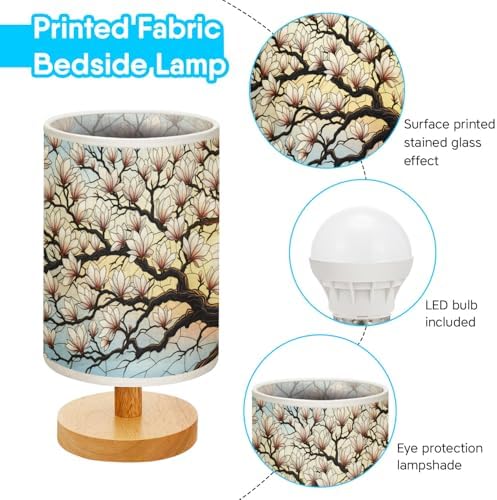 Magnolia Table Lamp LED 3-Color Pressed Bedside, Magnolia Shade Lamp with Wood Base for Bedroom Living Room Desk Office TL01