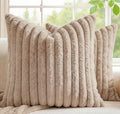 Pack of 2 Throw Pillow Covers 18x18 Decorative Solid Plush Faux Fur with Soft Velvet Back, Square Striped Cushion Cases Modern Farmhouse Home Decor for Living Room Couch Sofa Bed Apricot