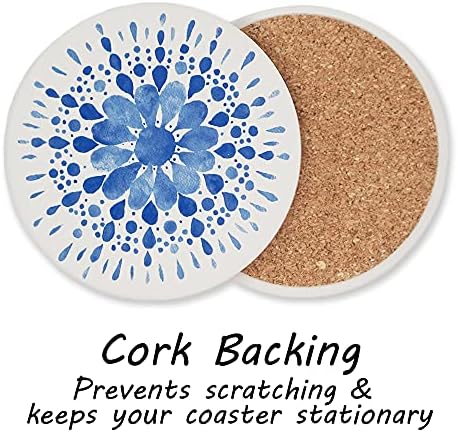 AD Set of 6 Coasters for Drinks Absorbing Round Ceramic Stone Coaster with Cork Base,Tabletop Protection Mat for Mugs and Cups,Office,Kitchen (Indigo Blue 2)