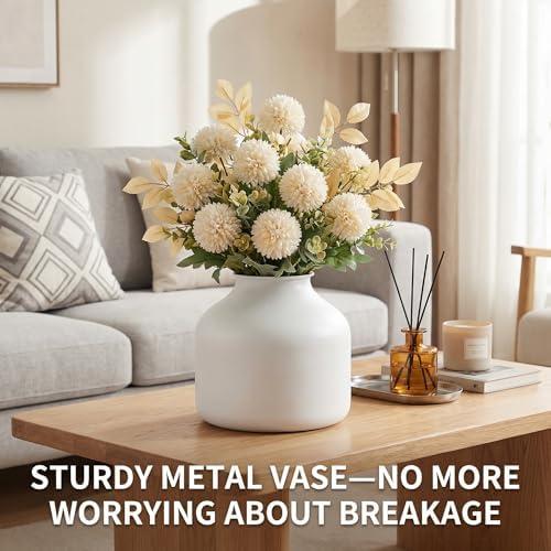 Goaste Metal Matte Flower Vase, White Vase for Flowers, 6.3 Inch Tall Iron Frosted Floral Arranging Vases, Nordic Style Round Boho Vases for Modern Minimalist Home Decor, Wedding, Bookshelf