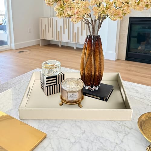 HofferRuffer Rectangle Serving Tray with Hole Handles for Coffee Table, Breakfast, Tea, Food, Butler - Countertop, Kitchen, Vanity Serve Tray, 16.2 x 12.2 x 2 inches, Faux Leather (Dark CreamWhite)