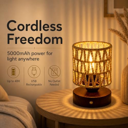 Cordless Operated Rattan Lamp, 5000mAh Rechargeable Dimmable Handwoven Open Weave Drum Table Lamp with Edison Bulb, Boho Nightstand Light for Bedroom Home Decor