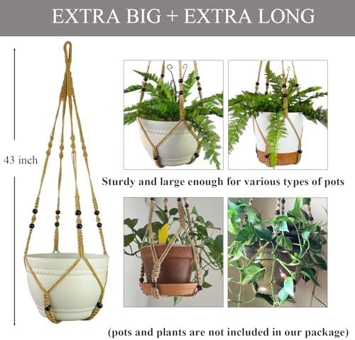 Bouqlife 43 Inches Macrame Plant Hanger Large for 14 inch Pot Extra Long No Tassel Rope Hanging Plant Holder with Ceiling Hook Bohemian Home Décor Brown 2Pack