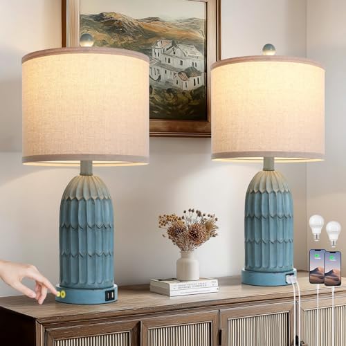 Cinkeda Coastal Table Bedside Lamps Set of 2, Farmhouse 3-Way Dimmable Touch Nightstand Lamp with 2 USB Charging Ports, Vintage Bedside Lamp for Bedroom Living Room End Table Retro Blue