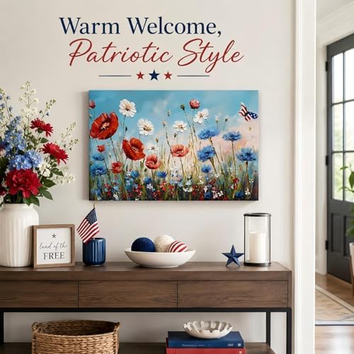 Patriotic Red White Blue Wildflower Wall Art, 4th of July Floral Canvas Prints, Framed Independence Day Wall Decor, American Flag Butterfly Artwork for Bedroom Office, Made in USA