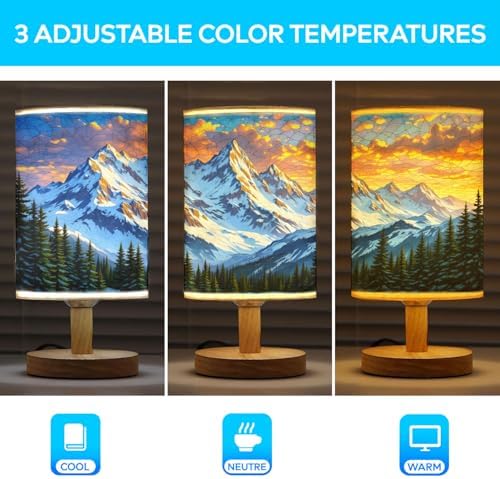 Majestic Snowy Mountain Table Lamp LED 3-Color Pressed Bedside, Majestic Snowy Mountain Shade Lamp with Wood Base for Bedroom Living Room Desk Office TL01