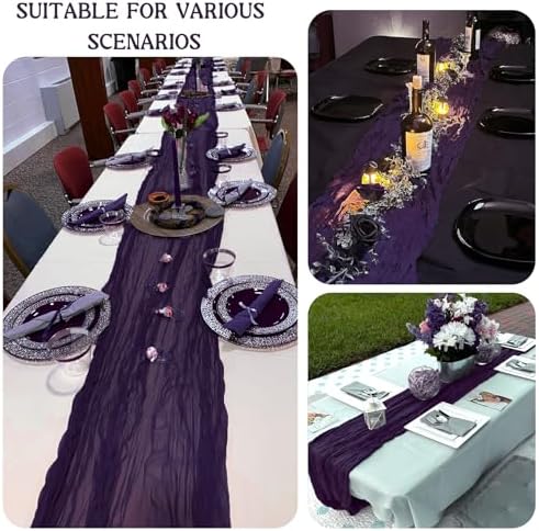 3 Pack 120 Inch Dark Purple Cheesecloth Table Runner Boho Rustic Gauze Sheer Romantic 10 FT Long Cheese Cloth Table Runner for Bridal Baby Shower Wedding Party Birthday Holiday Home Easter Decor