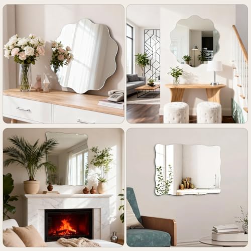 16 inch Decorative Scalloped Circle Mirror for Wall Decor | High Clear Glass Round Wavy Mirror with Double-Sided Taps, Frameless Squiggle Mirror for Bathroom, Bedroom, Living Room