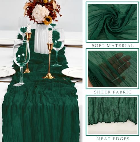 6 Pcs Emerald Green 10FT Cheesecloth Table Runner Gauze Fabric Runner for Tables Boho Table Runner Decoration Rustic Sheer Runner for Wedding Birthday Baby Bridal Shower Party (35 x 120 Inches Long)