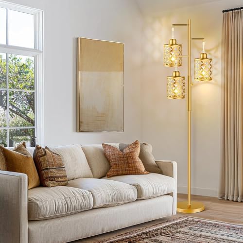 68" Modern Tree Floor Lamp, Dimmable Industrial Tall Standing Lamp with Metal Cages & Rotary Dimmer Knob, Corner Decor Lighting for Living Room Bedroom Cafe, 3 x 800LM Bulbs Included - Gold