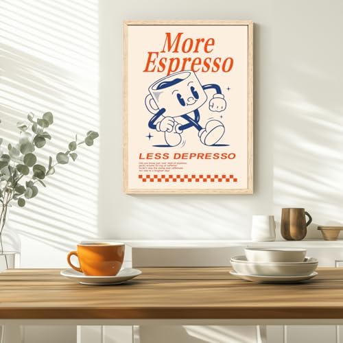 Cyebmo Funny Coffee Wall Art, Vintage Cafe Kitchen Wall Decor, More Espresso Less Depresso Art Prints, Beige Dorm Poster Print for Home Office Coffee Bar Kitchen, Wood Framed Ready to Hang 12x16 Inch