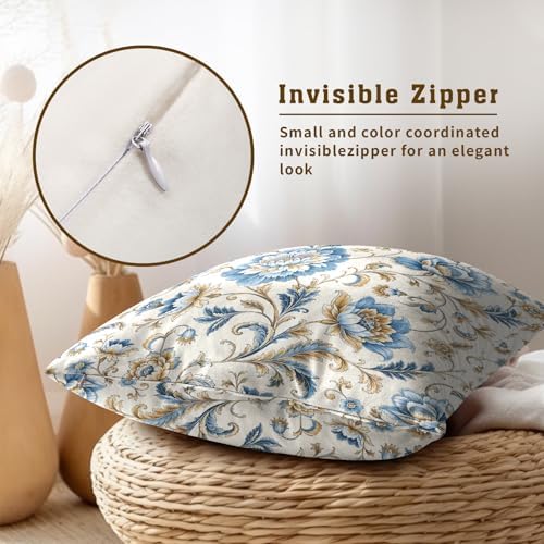 Blue Flowers Chinoiserie Print Throw Pillow Covers 24x24 Inch Set of 2 Vintage Floral Boho Cottage Spring Fall Decor Cushion Cover Neutral Accent Modern Pillowcase for Home Bedroom Sofa Couch