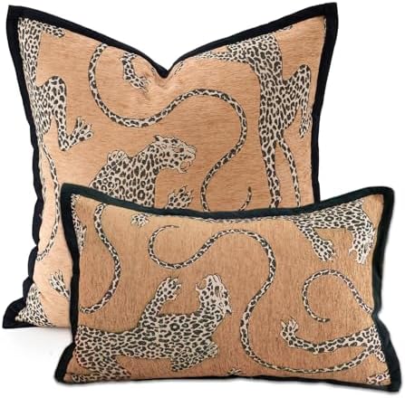 Premium Series, Snow Leopard Throw Pillow Covers, Animal Jacquard Cushion Cases for Home Decor, Chenille Velvet Double-Sided Designs, Brown Yellow, 18 x 18 inch, Covers Only