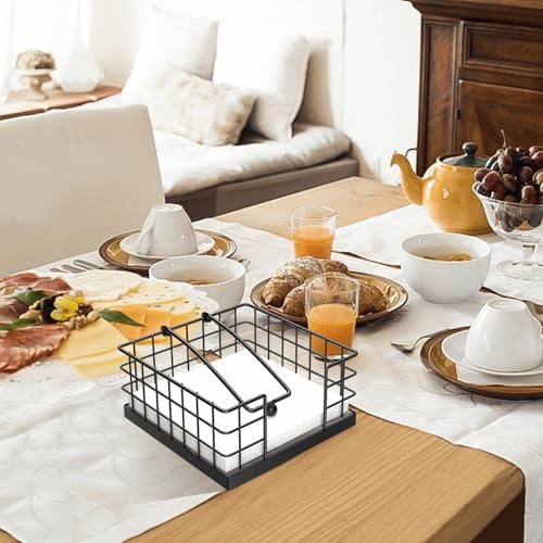 Homode Farmhouse Napkin Holder, Wooden Napkin Holders for Paper Napkins, Square Kitchen Napkin Dispenser for Tables, Flat Napkin Basket with Weighted Arm, Rustic Gray