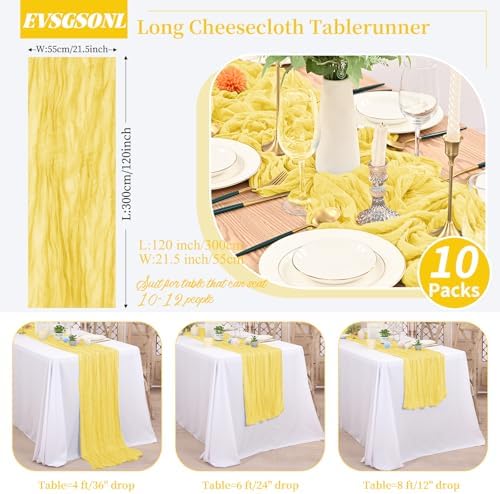 10 Pack Light Yellow Cheesecloth Table Runner Long,21.5 x 120 Inch
