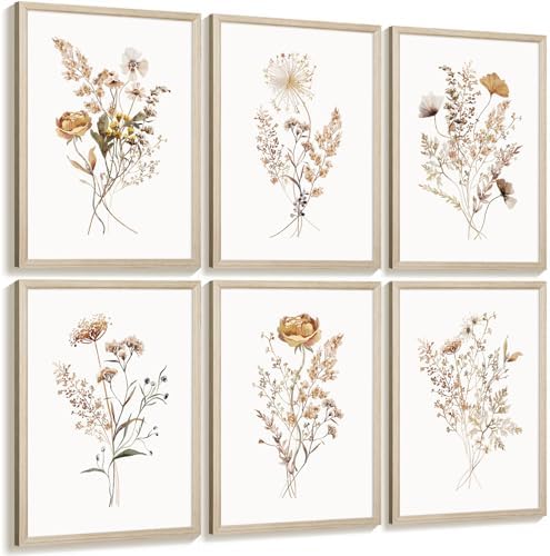 Watercolor Flower Wall Art Set of 6 Botanical Wildflower Wall Decor Boho Neutral Canvas Wall Art Vintage Prints Floral Pictures Minimalist Farmhouse Poster for Room Bedroom 12x16 Inch Wood Frame