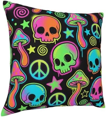 Neon Skull & Mushroom Throw Pillow Cover