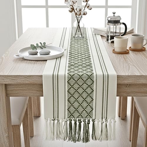 Short Dining Table Runner Coffee Table Runner with Boho Tassels 14 x 48 Inches, Olive Green & Off White Cotton Woven Washable Dresser Runner and Topper for Bedroom, Farmhouse Table Decorations