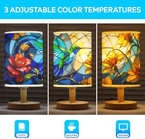 Hummingbird Table Lamp LED 3-Color Pressed Bedside, Hummingbird Shade Lamp with Wood Base for Bedroom Living Room Desk Office TL01