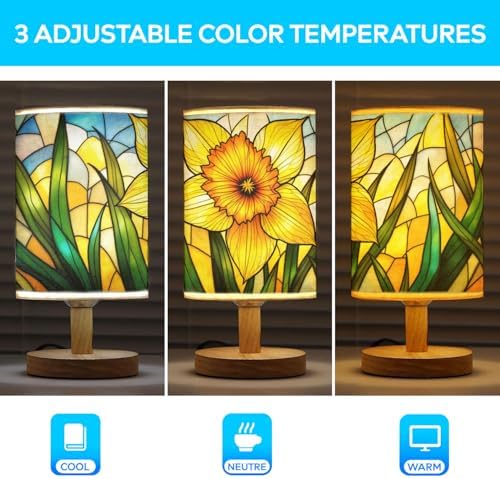 Daffodil Table Lamp LED 3-Color Pressed Bedside, Daffodil Shade Lamp with Wood Base for Bedroom Living Room Desk Office TL01