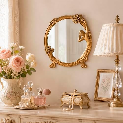 Vintage Gold Mirror Desk Decor -Antique Small Vanity Table Decorative, Oval | Art Nouveau with Stand, Cute Princess Frame, for Tabletop Office Bedroom Furniture Room Bathroom Home Wall Accessories