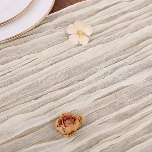 Cream Cheesecloth Table Runner 10FT Rustic Gauze Cheese Cloth Table Decorations 120 Inch Sheer Fabric Table Runners for Bridal Shower Birthday Party Home Decor