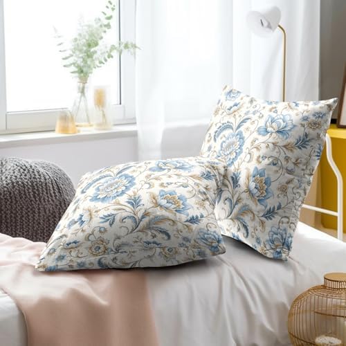 Blue Flowers Chinoiserie Print Throw Pillow Covers 22x22 Inch Set of 2 Vintage Floral Boho Cottage Spring Fall Decor Cushion Cover Neutral Accent Modern Pillowcase for Home Bedroom Sofa Couch