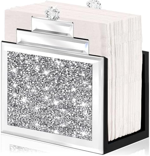 Wocred Mirror Napkin Holder,Crystal Crushed Diamond Vertical Holder,Cute Tissue Holder Holds Napkins Upright for Bathroom，Dining Table，Kitchen Table.(6.8”X5.9”X3”)