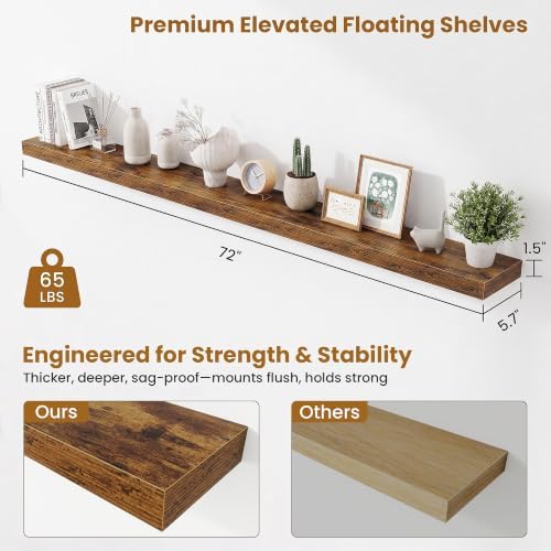 Fun Memories 72 Inch Fireplace Mantel Set of 2, Long Floating Shelf for Bedroom|Living Room, Wall Mounted Farmhouse Display with Invisible Heavy Duty Metal Bracket, Rustic Brown