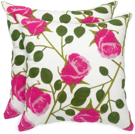 Alysheer Floral Embroidered Farmhouse Decorative Throw Pillow Cover 18"x 18" Set of 2, Cottage Hot Pink Flowers Green Leaves Embroidery Pattern, Cotton Canvas Cushion Case for Sofa Couch Bedroom