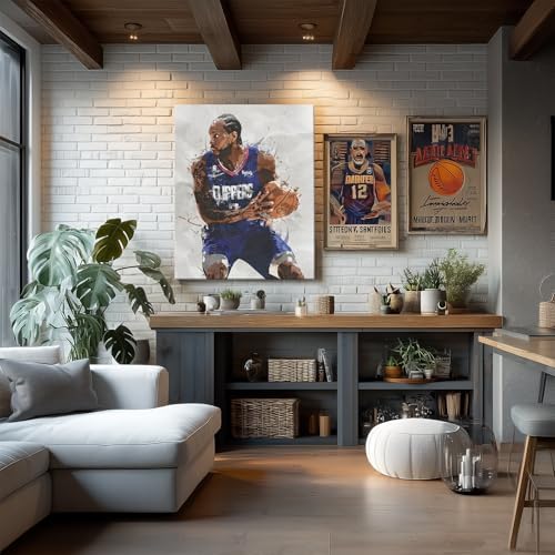 Kawhi Leonard Basketball Canvas Wall Art, Sports Player Poster, 24x30 Inch | Abstract splash ink athletic artwork, motivational sports wall decor for teen boys room, bedroom, living room, gym or office