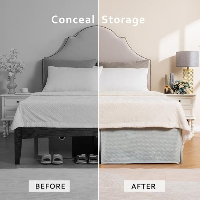 MIYE Pleated Waffle Weave Bed Skirt, Tailored Dust Ruffle 16 Inch Drop Easy Fit, Machine Washable (Light Grey, Twin - 16" Drop)