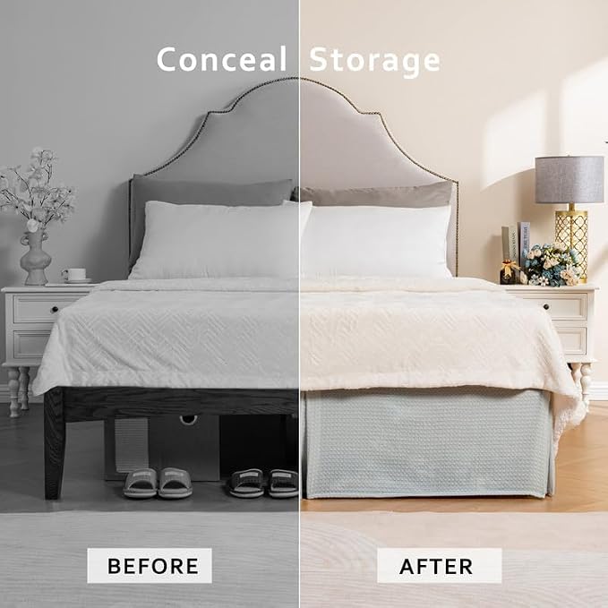 MIYE Pleated Waffle Weave Bed Skirt, Tailored Dust Ruffle 18 Inch Drop Easy Fit, Machine Washable (Light Grey, Queen - 18" Drop)