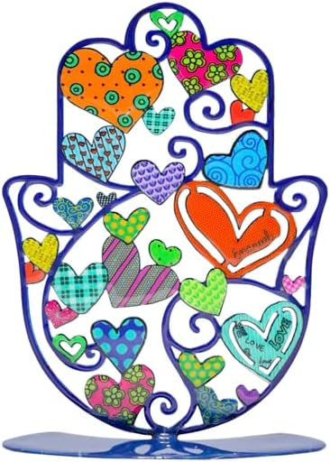 EMANUEL Yair Small Standing Hamsa Hand Amulet 4 inch | Colorful Good Luck Charm | Hamsah Stand Home Blessing | Judaica Art Gift (Hearts SHG-13)