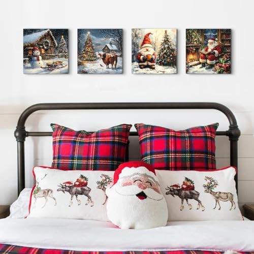 Christmas Wall Art Christmas Tree Wall Decor with Santa Gnomes Snowman Pictures Farmhouse Highland Cow Canvas Paintings Rustic Country Xmas Artwork for Living Room Bedroom Home Decorations 12x12" 4Pcs