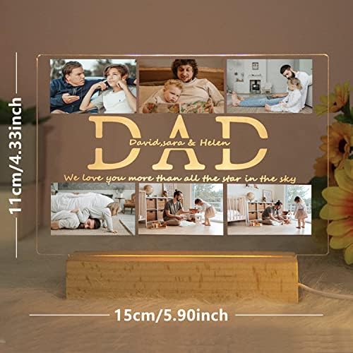 Personalized Photo Acrylic HAPPY FATHERS DAY Sign Plaque Gifts for Dad Papa Grandpa from Daughter Son Wife Customizable LED Night Light Wooden Base Lamps Desk Bedroom Decor Signs