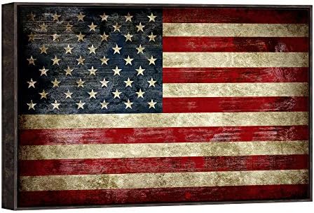 Pyradecor Walnut Framed Canvas Wall Art Large Old Vintage American Flag Canvas Prints Abstract Pictures Paintings for Living Room Office Home Decorations
