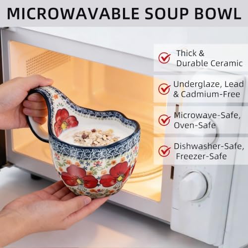 ALMA Soup Bowl With Handle,16oz Handpainted Floral Soup Mug Microwave Safe