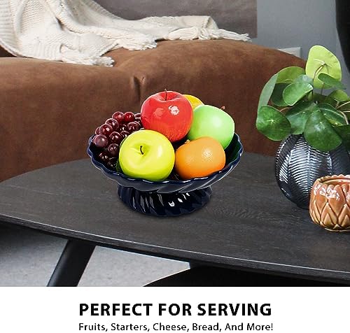9.5-Inch Ceramic Fruits Bowl, Decorative Serving Plate, Centerpiece Fruits Tray or Fruit Basket for Kitchen Counters, Farmhouses, Dining Table, Blue