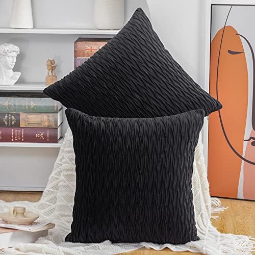 MADIZZ Set of 2 Super Soft Velvet Decorative Throw Pillow Covers 26x26 inch Black Square with Texture Luxury Style Cushion Case European Pillow Shell for Sofa Bedroom