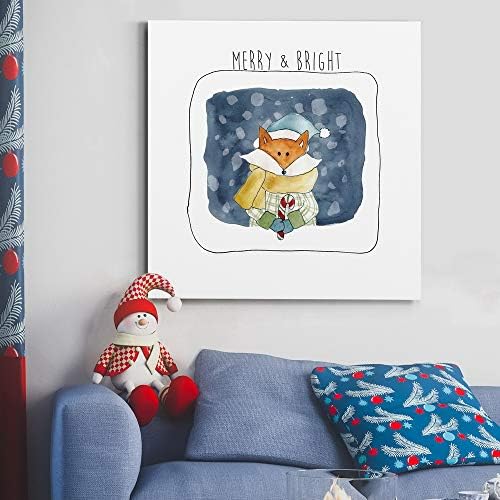 Renditions Gallery Abstract Animal Wall Art for Home Decor Christmas Fox holding Candy Cane in a Snow Canvas Hanging Artwork for Dining Living Room Kitchen Decorations - 40"X40" LT05