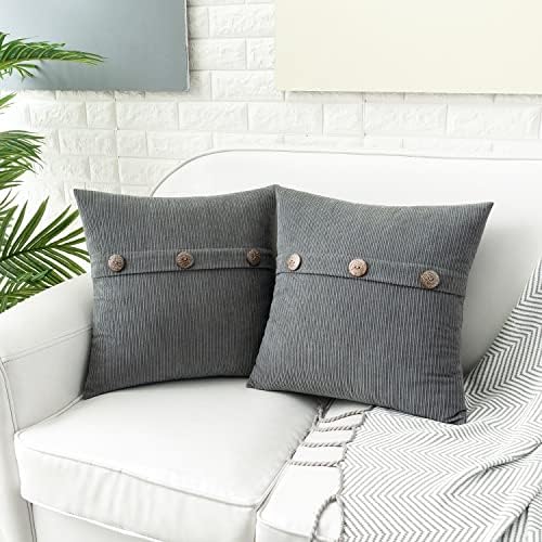 HWY 50 Grey Chenille Throw Pillow Covers 16x16 Inch Buttons Pack of 2