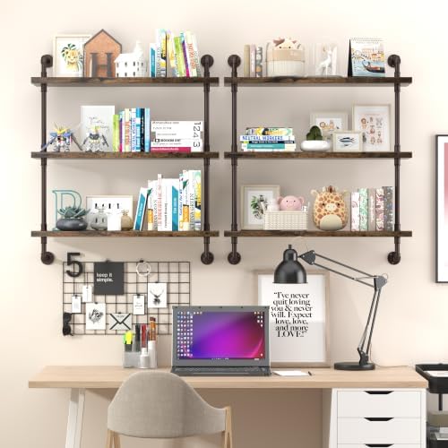 Helsin 3 Tier Industrial Pipe Shelf Rustic Wood Floating Wall Display Bookshelf Storage Rack Sundries Holder for Kitchen Office Bathroom Organization and Home Decor (32 Inch)