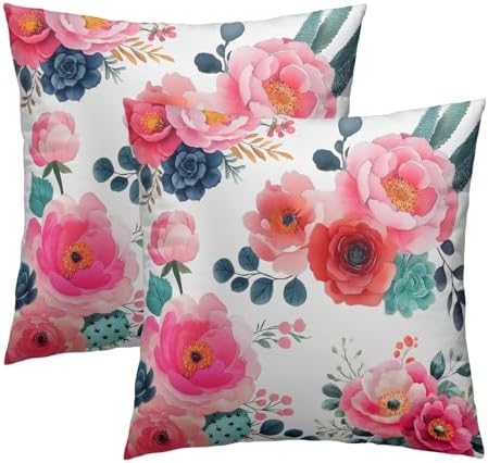 Watercolor Peony Throw Pillow Covers 24x24 Inch Set of 2 Pink Floral Girly Green Leaves Decorative Pillow Case Spring Summer Flower Square Cotton Cushion Cover for Home Couch Bed