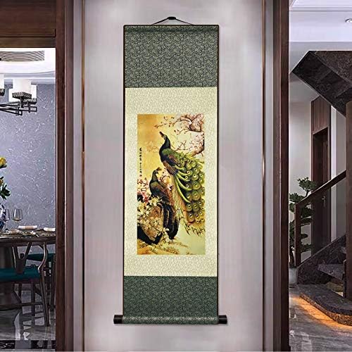 AtfArt Asian Wall Decor Beautiful Silk Scroll Painting Birds - Peacock - Cuiyu Pixia Oriental Decor Chinese Art Wall Scroll Wall Hanging Painting Scroll (36.2 x 12 in)