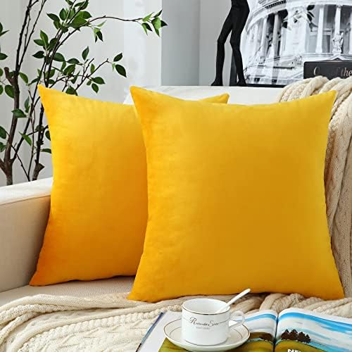 Jeneoo Comfy Soft Thick Velvet Throw Pillow Covers Decorative Solid Square Couch Cushion Cases for Home Bedroom Car Decor (Mustard Yellow, 18 x 18 Inches, 2 Pieces)