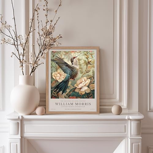 Poster Master William Morris Poster - Hummingbird Print - Bird Art - Botanical Art - Flower Design - Exhibition Artwork - Animal Illustration - Floral Illustration - Aesthetic Office or Bedroom Decor - 11x14 Beige Framed