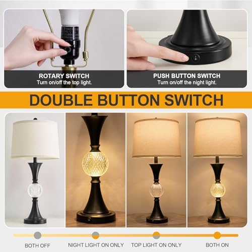 Oneach 28.5" Black Table Lamps Set of 2, Tall Luxury Bedside Lamps with Night Light, USB A+C Charging Ports, Elegant Metal Nightstand Lamps for Bedroom Office End Table Decoration