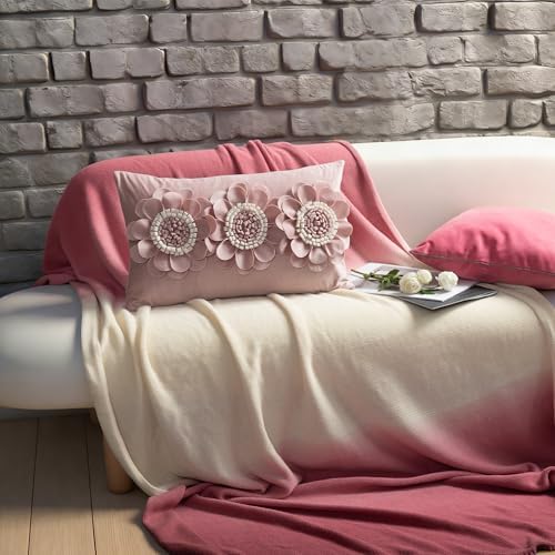 JWH 3D Flower Throw Pillow Cover Dusty Pink White 12x20 Inches